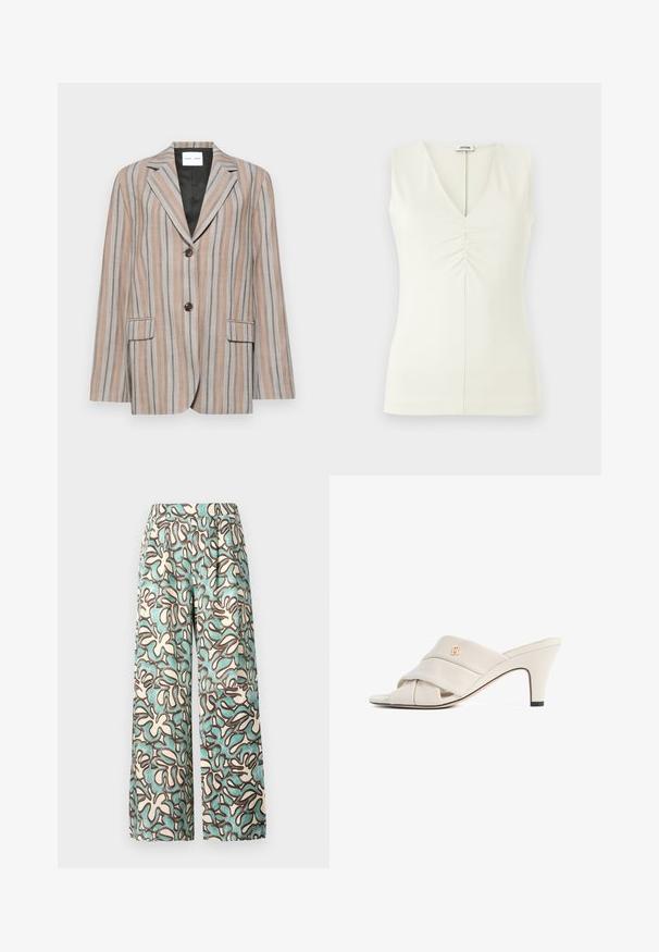 Blazer a rayas en tonos beige y azul, con solapa de muesca, dos bolsillos frontales y cierre de dos botones. Tejido texturizado con forro suave.; Top sin mangas con escote en V, hecho de una tela de color crema claro. Presenta detalles fruncidos en el centro y una silueta ajustada.; Pantalones de pierna ancha fabricados en un tejido ligero con un fondo crema y patrones abstractos en verde azulado y marrón. Cintura plana sin herrajes visibles.; Mules de tacón alto beige con diseño de tira de cuero torcida, punta abierta y detalle de logotipo en relieve. El tacón tiene un detalle en punta negra.