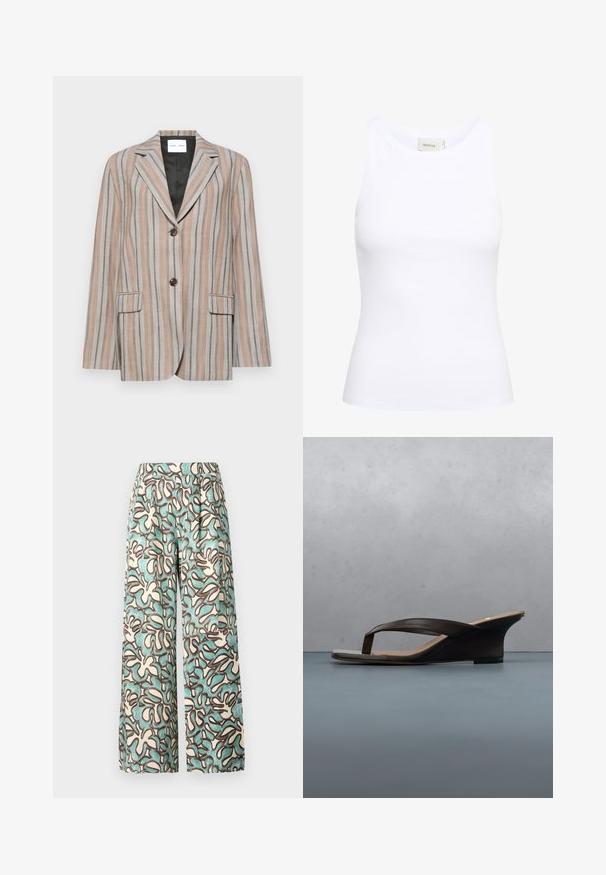 Blazer a rayas en tonos beige y azul, con solapa de muesca, dos bolsillos frontales y cierre de dos botones. Tejido texturizado con forro suave.; Top sin mangas de canalé blanco con escote redondo. Tejido elástico y diseño ajustado. La etiqueta en la parte posterior dice "GESTUZ."; Pantalones de pierna ancha fabricados en un tejido ligero con un fondo crema y patrones abstractos en verde azulado y marrón. Cintura plana sin herrajes visibles.; Sandalia negra de cuña con tiras tipo sandalia colocada sobre una tabla de madera y suelo de piedra al aire libre cerca de plantas verdes y una pared de concreto.