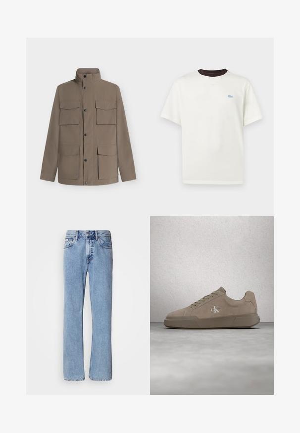Veste marron avec col montant, fermeture à boutons sur le devant et quatre grandes poches à rabat, présentée sur un fond clair uni.; T-shirt blanc à manches courtes avec col rond noir et petit logo crocodile bleu clair sur la poitrine gauche.; Jean en denim bleu clair avec une coupe droite, cinq poches et une fermeture à bouton. Détails de couture près des poches et de la taille.; Baskets en daim beige avec lacets et logo "ck", présentées en suspension au-dessus d'un sol en béton poli avec un mur en blocs de verre en arrière-plan.