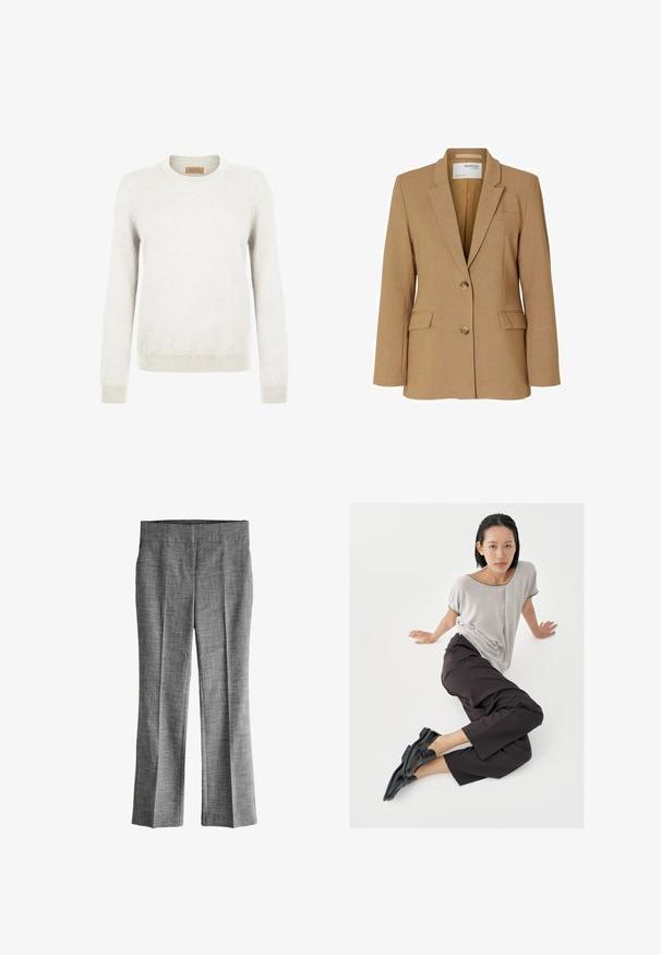 Tan blazer lavet af tekstureret stof, med enkeltknaplukning, notched lapels og to forlommer. Designet med en skræddersyet pasform.; Lys grå sweater lavet af blødt strikstof, med rund hals og lange ærmer, samt ribbede manchetter og kant for ekstra tekstur.; Grå, skræddersyede bukser med en struktureret vævning, lige ben og fold foran. Har en bred talje for komfort og pasform.; Lysegrå top med korte ærmer, mørke bukser med vide ben og sorte loafers. Glat stof, afslappet pasform og kontrastfarvet kant på skjorten.