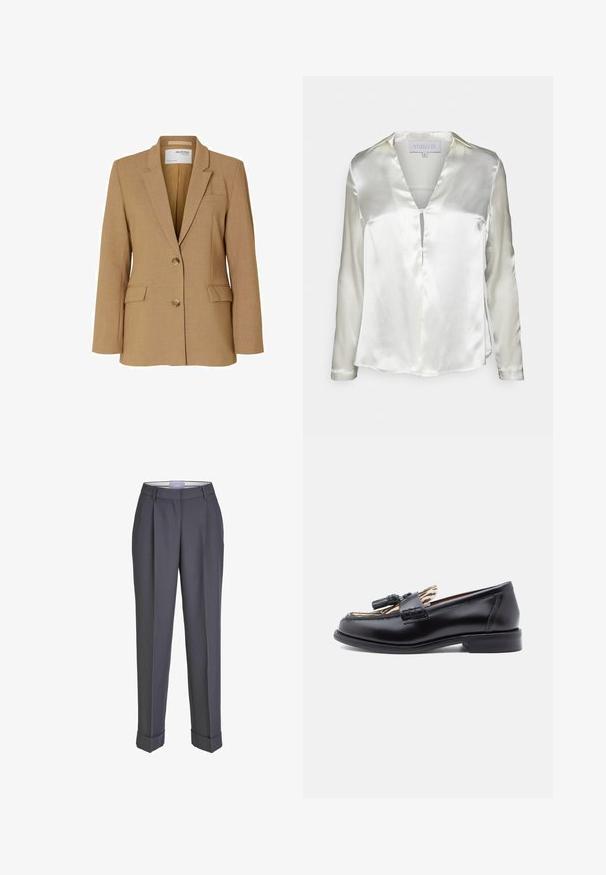 Tan blazer lavet af tekstureret stof, med enkeltknaplukning, notched lapels og to forlommer. Designet med en skræddersyet pasform.; STUDIO ID ALYSSA - Bluse - champagne; Mørkegrå skræddersyede bukser med lige ben, plisseret for og opsmøgte manchetter. Lavet af glat stof med en klassisk talje.; Sorte læder loafers med en rund tå, der har en vævet kwastdetalje og en kontrasterende dyreprint-foring. Lav, lige hæl.