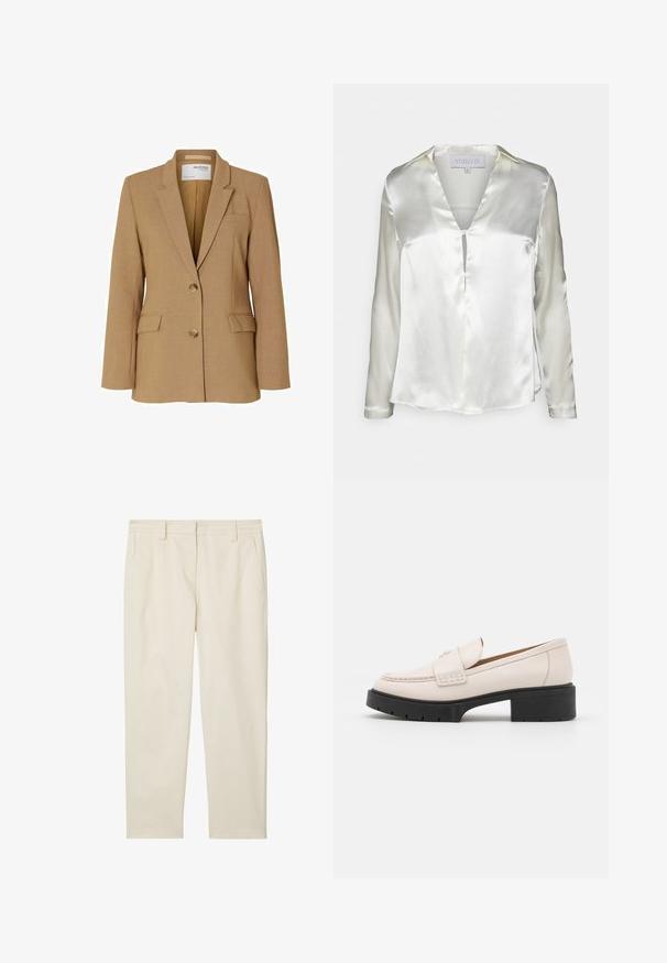 Tan ülikond, mis on valmistatud tekstuuritud kangast, ühe nupu sulgemisega, sakiliste krae ja kahe ees oleva taskuga. Kujundatud kitsendatud lõikega.; STUDIO ID ALYSSA - Pluus - champagne; Marc O'Polo MODERN STYLE TAPERED LEG HIGH RISE WELT POCKET - Chino-püksid - chalky sand; Heled paar heleda beezžilederist valmistatud mokassiinide, millel on õmmeldud esiosa ja tekstureeritud must platvormkonts. Omab kaardus disaini ja kerget tõstet.