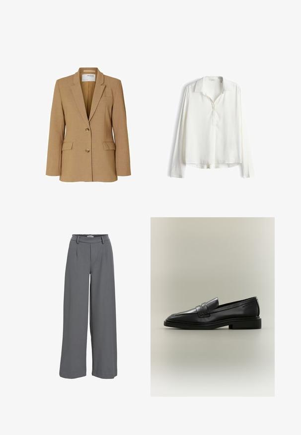 Blazer beige en tissu texturé, avec une fermeture à un bouton, des revers crantés et deux poches avant. Conçu avec une coupe ajustée.; Blouse blanche à manches longues avec col et patte de boutonnage partielle sur le devant, fabriquée en tissu lisse et léger, présentée à plat sur fond blanc.; Pantalons à jambe large en tissu gris clair, avec une taille froncée, des plis avant et une texture lisse et douce.; Mocassin penny en cuir noir avec petit talon, bout arrondi et détails cousus sur fond neutre.