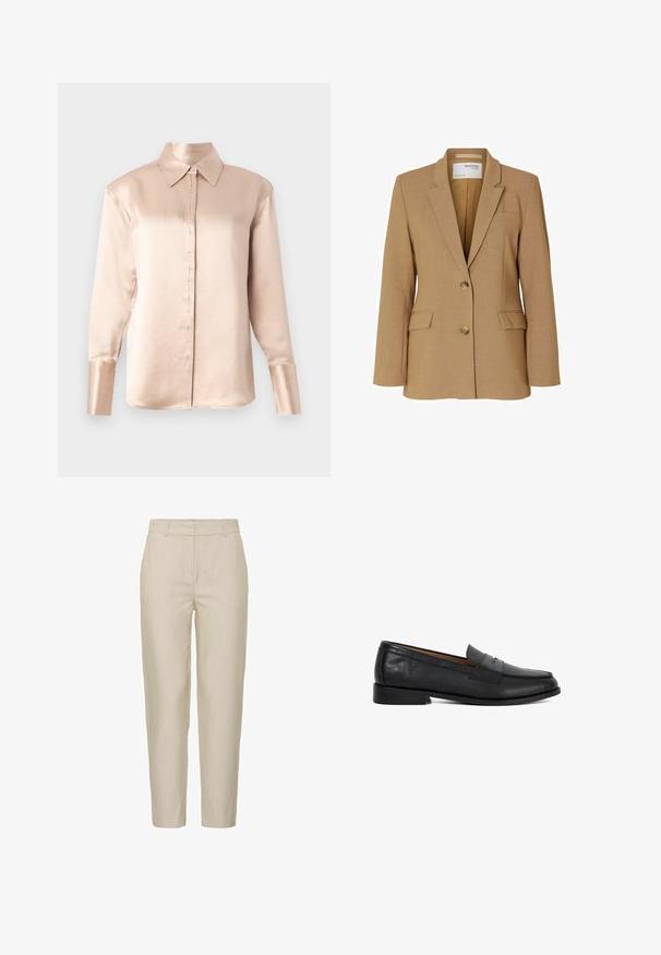 Blazer beige en tissu texturé, avec une fermeture à un bouton, des revers crantés et deux poches avant. Conçu avec une coupe ajustée.; Blouse en satin beige doux avec un col classique, des manches longues, un devant boutonné et une coupe légèrement oversize. Texture lisse, détails minimalistes.; Pantalon beige en tissu léger, avec un design fuselé, une taille plate et des poches latérales ; texture lisse avec des rayures subtiles.; Mocassin penny en cuir noir avec petit talon, bout arrondi et détail de bride sur la tige lisse, présenté en profil gauche.