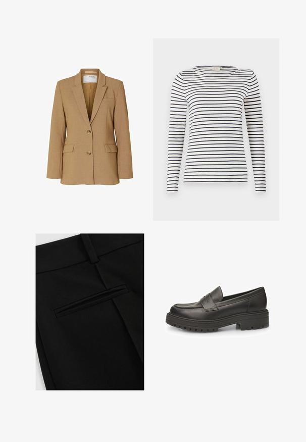 Tan blazer lavet af tekstureret stof, med enkeltknaplukning, notched lapels og to forlommer. Designet med en skræddersyet pasform.; Langærmet stribet skjorte lavet af blødt stof, med marineblå og hvide vandrette striber, rund halsudskæring og en slim-fit design.; Sorte bukser lavet af glat stof, med et fladt design foran og en enkelt baglomme med en slidsåbning.; Sorte læder loafers med rund tå, fremtrædende syninger og en ribbede gummisål for forbedret traction. Klassisk slip-on design.