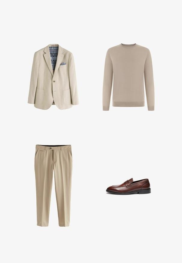 Beige blazer med enkelt knaplukning, hakkede revers, to forlommer samt et blåmønstrede lommetørklæde og foer.; Beige langærmet sweater lavet af blødt, fint strikket stof. Har en rund halsudskæring og ribstrikkede ærmeafslutninger og kant for et tætsiddende udseende.; Beige bukser lavet af glat stof. Har en flad front, to sidelommer og en knaplukning med lynlås.; Brune læder loafers med en glat finish, rund tå, dekorativ rem og sort gummisål. Har minimal syning detaljer.