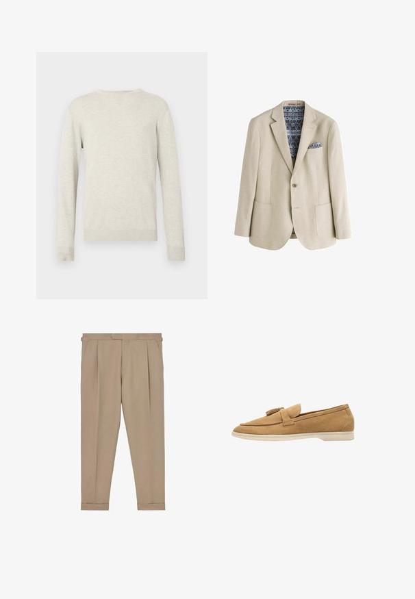 Beige blazer med enkelt knaplukning, hakkede revers, to forlommer samt et blåmønstrede lommetørklæde og foer.; Beige sweater med lange ærmer og rund halsudskæring, med ribbede manchetter og kant, præsenteret mod en simpel hvid baggrund.; Beige skræddersyede bukser med forreste folder, justerbare stropper i siden og opsmøgede kanter, vist fladt på en hvid baggrund.; Scarosso LEANDRO - Loafers - beige suede