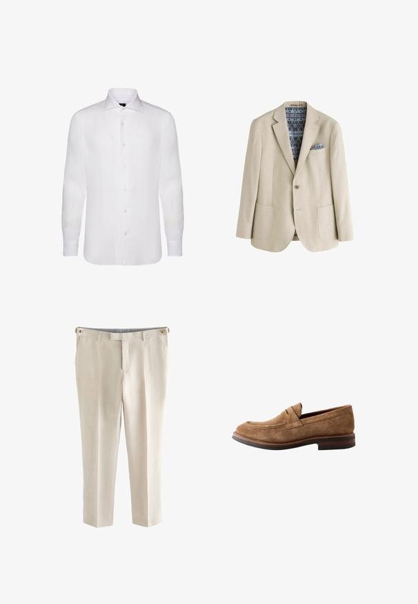 Beige blazer med enkelt knaplukning, hakkede revers, to forlommer samt et blåmønstrede lommetørklæde og foer.; Hvid langærmet skjorte i let materiale med klassisk krave, subtil tekstur og seks knapper foran.; Beige skræddersyede bukser med bæltestropper, frontlynlås og to sidelommer, lavet af letvægtsstof.; Herre brun ruskind penny loafer med syninger og en stablet læderhæl, vist i sideprofil på hvid baggrund.