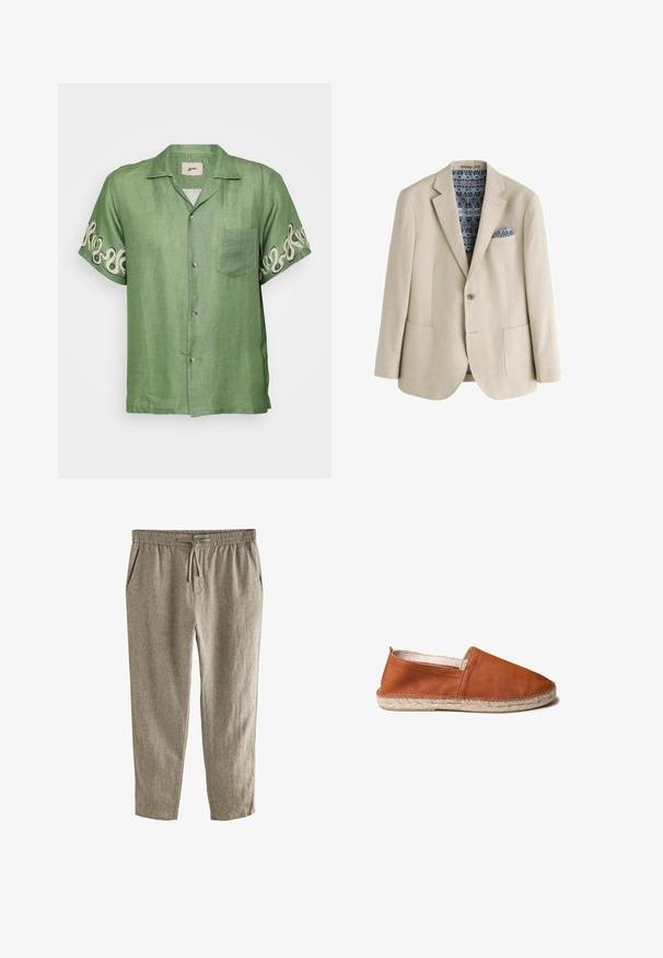 Beige colbert met één knoop, met inkeping revers, twee voorzakken en een blauw patroon pochet en voering.; Korte mouwen groene linnen shirt met een knoopsluiting aan de voorkant, een opgestikt zakje en een ingewikkeld crèmekleurig spiraalpatroon op de mouwen. Lichtgewicht en ademend materiaal.; Lichtgrijze broek gemaakt van een gestructureerde stof. Heeft een elastische tailleband met een trekkoord en zijzakken.; Bruine leren instapschoen met een ronde neus, geweven jute zool en stiksels langs de rand. Gladde textuur, minimalistisch ontwerp.