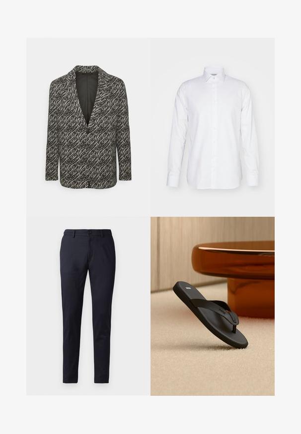 DRYKORN KEBY - Americana - black; Camisa blanca de manga larga confeccionada en algodón, con cuello con solapa, cierre de botones y un corte ajustado con aberturas laterales en el dobladillo.; Pantalones marinos de tela suave, con un corte ajustado, lazos para cinturón y un cierre de botón único. Piernas rectas con pliegues sutiles.; Sandalia tipo flip-flop negra de BOSS sobre una alfombra beige con una gran mesa redonda de color ámbar al fondo.