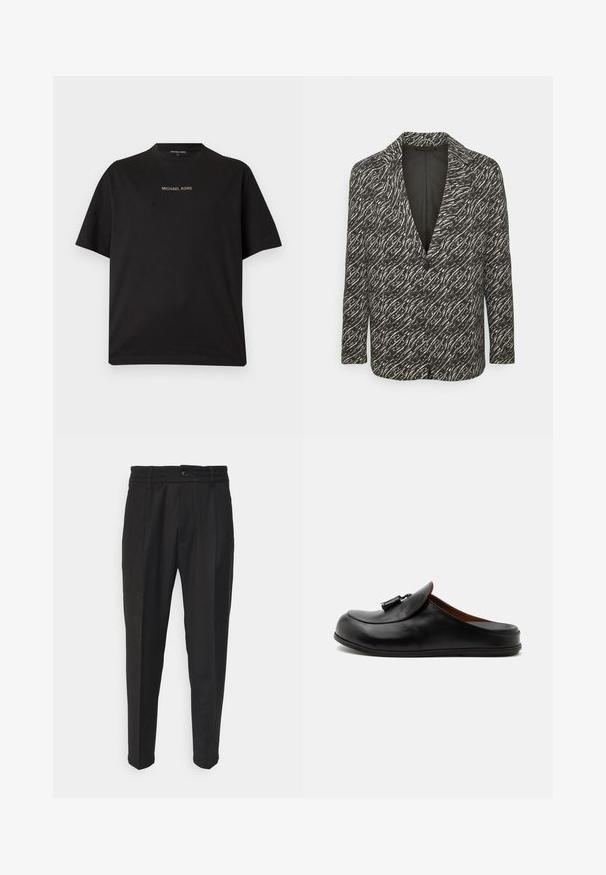 DRYKORN KEBY - Blazere - black; Sort t-shirt med korte ærmer og rund hals med "MICHAEL KORS"-logo centreret i lille guldtekst på brystet.; Sorte bukser lavet af tekstureret stof, med knaplukning, elastisk talje, to forlommer og tætsiddende ben.; Sort læder rygfri loafer med kvaster på toppen, vist fra siden på en lys ensfarvet baggrund.