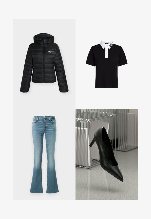 Sort pufferjakke med brystlogo "Karl Lagerfeld Jeans", lange ærmer, frontlynlås og fasthætte hætte.; Sort polo t-shirt med korte ærmer, hvid krave med broderet sort logo og lige snit. Fremstillet af bomuld.; Lys blå denim flarebukser med høj talje, med forlommer og et klassisk fem-lomme design, glat tekstur og blegnet finish.; Sort læder højhælet sko med spids tå og en slank hæl, sat mod en minimalistisk baggrund med metal og neutrale farver.
