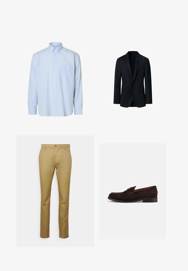 Schwarzer Herrenblazer aus Wollstoff, ausgestattet mit einem Reverskragen, zwei Knöpfen und zwei Vorderentaschen. Klassisches, tailliertes Design.; Hemd aus hellblauem Stoff mit langen Ärmeln, weißen senkrechten Streifen, einer einzelnen Brusttasche und einem klassischen Kragen. Glatte Stoffstruktur.; Khaki Chinos aus glattem Baumwollmaterial, mit klassischem geradem Schnitt, Vordertasche und einem einzelnen Knopfverschluss an der Taille.; Dunkelbrauner Wildleder-Herrenschuh mit dekorativer Naht und niedrigem Absatz, von der Außenseite auf hellem, einfarbigem Hintergrund dargestellt.