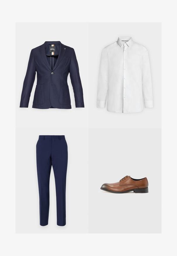 Marineblauwe blazer met een enkele knoopsluiting, twee voorzakken en een notch revers. Gestructureerde stof met een slim fit ontwerp.; Wit overhemd met lange mouwen, een brede kraag en knoopmanchetten, van voren getoond op een effen lichtgrijze achtergrond.; Navyblauwe op maat gemaakte broeken van gladde stof, met een slanke pasvorm, een platte voorkant en een standaard tailleband met riemlussen.; Bruine leren veterschoen met zwarte zool, gladde afwerking en lage hak, getoond in zijaanzicht van links op witte achtergrond.