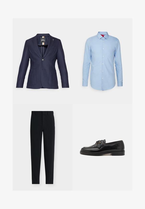 Marineblauwe blazer met een enkele knoopsluiting, twee voorzakken en een notch revers. Gestructureerde stof met een slim fit ontwerp.; Lichtblauw langemouwen shirt van katoen. Voorzien van een button-down kraag en een voorflap met witte knopen. Glad textuur, slim fit.; Zwarte op maat gemaakte slim-fit broek met riemlussen en een verborgen voorvaksluiting, getoond op een witte achtergrond.; Zwarte leren instappers met een ronde neus en een decoratieve gesp. Platte, stevige hak en een gladde textuur overal.