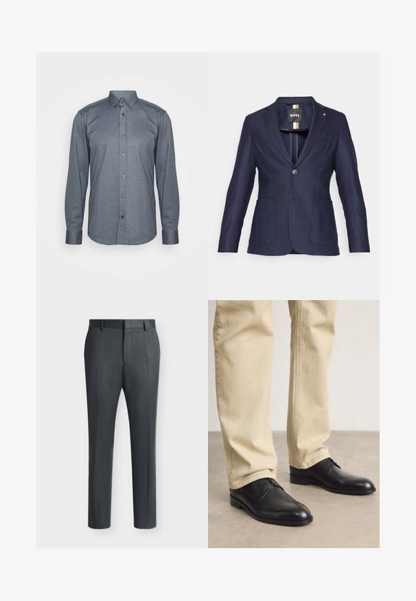 Marineblaues Blazer mit einem einzigen Knopfverschluss, zwei frontalen Taschen und einem Reverskragen. Strukturierter Stoff mit slim fit Design.; Langärmliges Hemd mit Knöpfen aus dunkelgrauem Stoff, mit einem Kragen, Frontknöpfen und Manschetten. Glatte Textur mit passgenauer Design.; Dunkelgraue formelle Hose mit Gürtelschlaufen und Bügelfalten, auf einem schlichten hellen Hintergrund gezeigt.; Schwarze Leder Schnürschuhe mit runder Zehenform, glatter Oberfläche und dezenten Nähdetails, getragen mit hellbeigen Hosen.