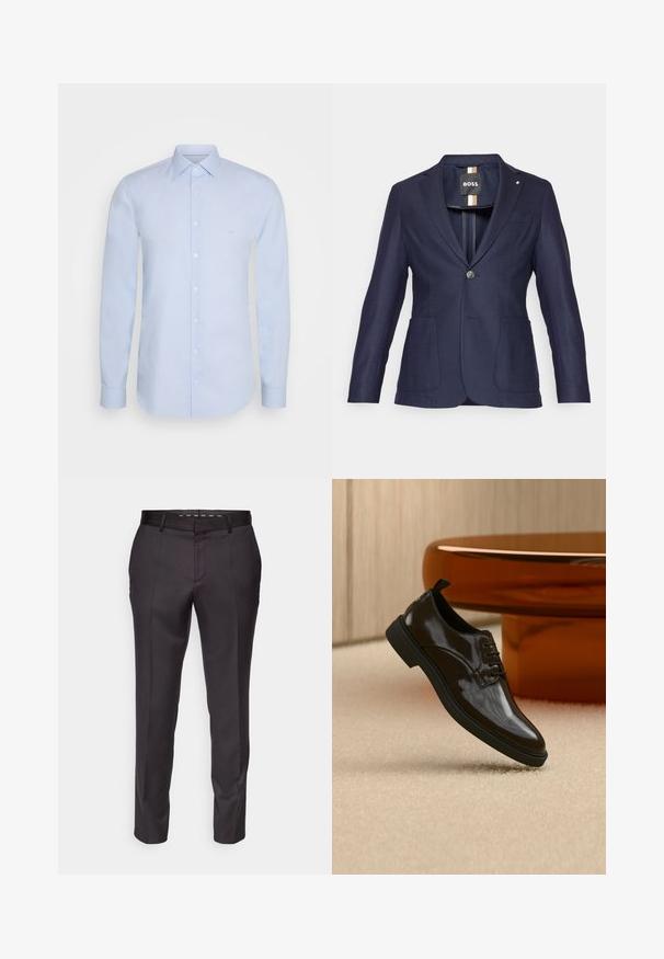Marineblauwe blazer met een enkele knoopsluiting, twee voorzakken en een notch revers. Gestructureerde stof met een slim fit ontwerp.; Lichtblauw langslowel shirt van soepel katoen, met een klassieke kraag, knoopsluiting en subtiele branding op de borst.; Maatwerk zwarte broeken met een gladde textuur, gestructureerd ontwerp en voorplooien. Heeft een rechte pijp en een aansluitende tailleband.; Zwarte glanzende leren veterschoen zwevend boven een beige tapijt met een glanzende bruine ronde tafel op de achtergrond.