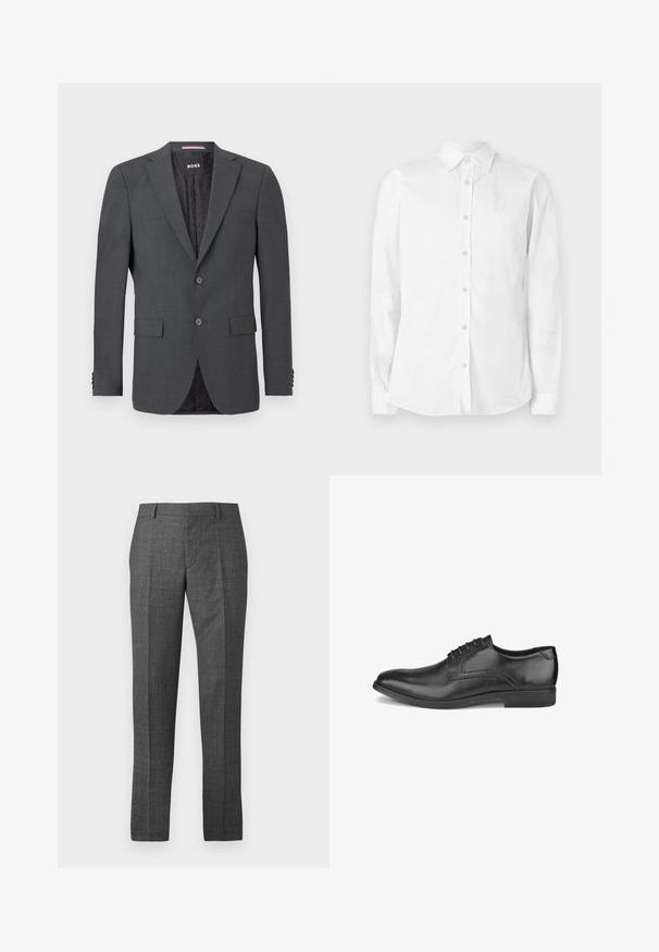 Blazer gris foncé en tissu lisse, doté de deux boutons, de deux poches avant et d'une doublure noire à motifs. Design ajusté avec revers crantés.; Chemise blanche à manches longues avec boutons, fabriquée en coton. Comprend un col pointu et un petit logo brodé sur la poitrine. Texture lisse.; Pantalons formels pour hommes gris foncé, sur mesure, avec passants de ceinture et pli avant, présentés à plat sur un fond blanc.; Chaussure habillée pour homme en cuir noir avec lacets, talon bas et finition lisse et brillante, vue du côté extérieur.