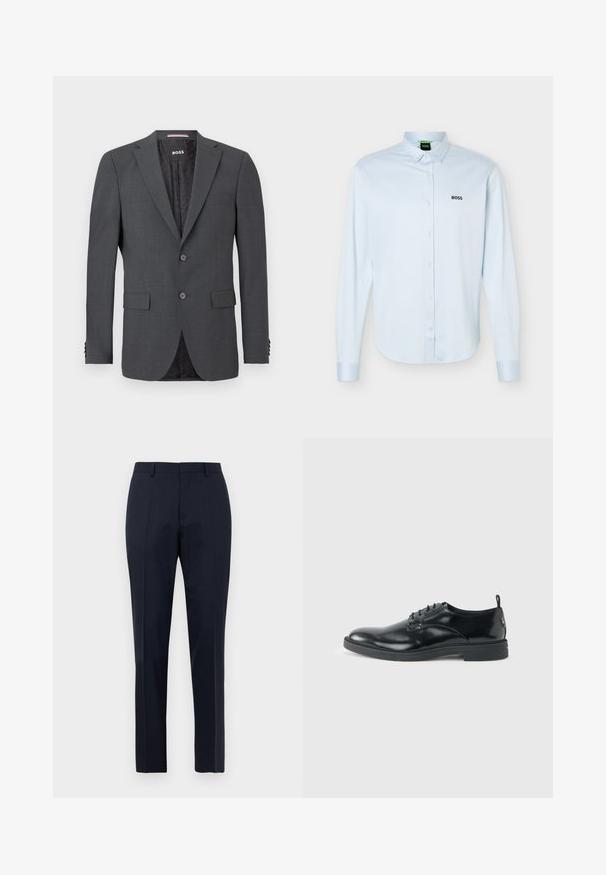 Donkergrijze blazer van soepel materiaal, met twee knopen, twee voorzakken en een gestreepte zwarte voering. Tailored ontwerp met notch revers.; Lichtblauw overhemd met lange mouwen, knopen en kraag, zwart "BOSS"-logo op de linkerborst en manchetten met knopen.; Marineblauwe op maat gemaakte heren pantalon met subtiel ruitpatroon, riemlussen en voorplooien, frontaal weergegeven op een witte achtergrond.; Glanzende zwarte lederen nette schoen met lage hak, vetersluiting en ronde neus, van opzij getoond tegen een effen lichte achtergrond.
