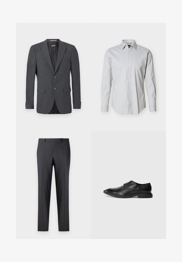 Donkergrijze blazer van soepel materiaal, met twee knopen, twee voorzakken en een gestreepte zwarte voering. Tailored ontwerp met notch revers.; Lichtgrijs heren overhemd met lange mouwen, knoopsluiting aan de voorkant, spitse kraag en manchetten met een enkele knoop, op een effen witte achtergrond.; Op maat gemaakte donkergrijze broeken van een soepel, gestructureerd weefsel; heeft een vlakke voorkant en rechte pijpen; minimalistisch ontwerp zonder zichtbare accenten.; Zwarte leren dress shoe met een gladde textuur, spitse neus, zes veterogen vetersluiting en een lage rechthoekige hak. Subtiele merkopdruk aan de zijkant.