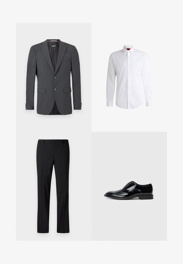 Dunkelgrauer Blazer aus glattem Stoff, mit zwei Knöpfen, zwei Vordertaschen und einem gemusterten schwarzen Futter. Maßgeschneiderte Passform mit Reverskragen.; Weißes Herrenhemd aus glattem Stoff mit klassischem Kragen, langen Ärmeln und abgerundetem Saum. Mit eleganten beigen Knöpfen an der Vorderseite.; Schwarze, maßgeschneiderte Hose mit geradem Bein, ausgestattet mit einer glatten Textur, gefaltetem Vorderteil und einem klassischen Bund für ein formelles Erscheinungsbild.; Schwarzer Lackleder-Dressschuh mit schlankem Design, spitzem Zeh und sechs Ösen für Schnürsenkel; glatte Oberfläche und niedriger Absatz.