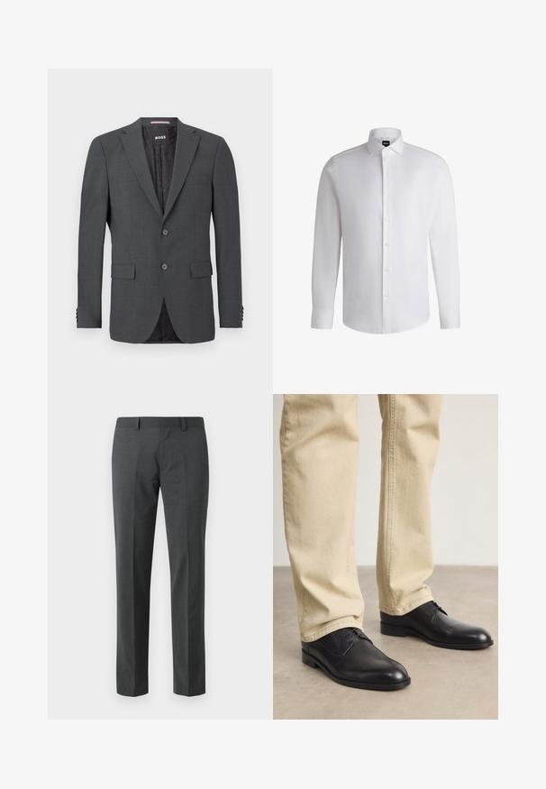 Dunkelgrauer Blazer aus glattem Stoff, mit zwei Knöpfen, zwei Vordertaschen und einem gemusterten schwarzen Futter. Maßgeschneiderte Passform mit Reverskragen.; Weißes Langarmhemd aus glattem Baumwollstoff, mit klassischem Kragen, durchgehender Knopfleiste und geknöpften Manschetten. Minimalistisches Design.; Dunkelgraue Anzughose aus einem glatten Stoff. Sie hat gerade Beine, eine flache Vorderseite und Gürtelschlaufen. Keine sichtbaren Muster oder Akzente.; Schwarze Leder Schnürschuhe mit runder Zehenform, glatter Oberfläche und dezenten Nähdetails, getragen mit hellbeigen Hosen.