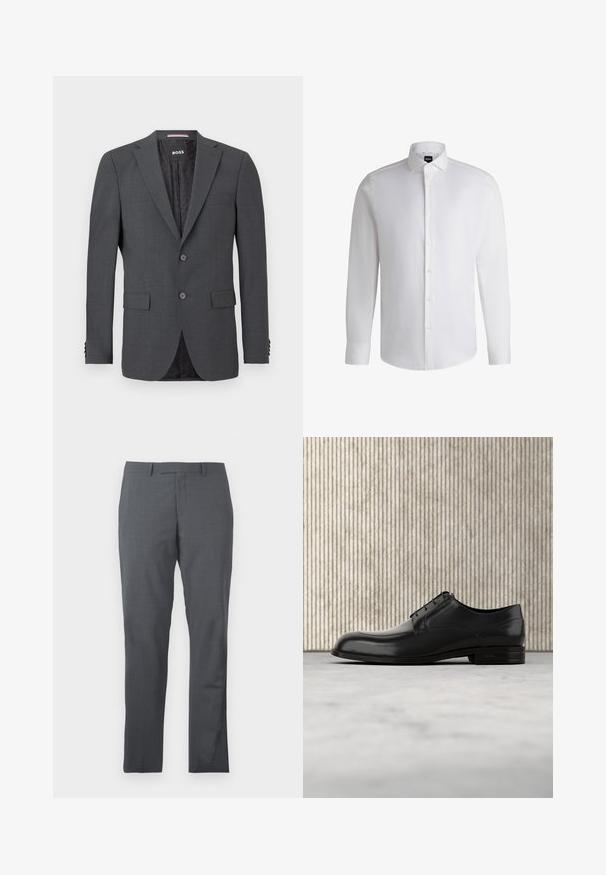 Dunkelgrauer Blazer aus glattem Stoff, mit zwei Knöpfen, zwei Vordertaschen und einem gemusterten schwarzen Futter. Maßgeschneiderte Passform mit Reverskragen.; Weißes Langarmhemd aus glattem Baumwollstoff, mit klassischem Kragen, durchgehender Knopfleiste und geknöpften Manschetten. Minimalistisches Design.; Graue Anzughose aus glattem, strukturiertem Stoff. Slim-Fit-Design, flacher Vorderteil und keine sichtbaren Verzierungen oder Taschen.; Schwarze Leder-Dressschuhe mit einer runden Zehenpartie, glatter Oberfläche, minimalen Nähten und flacher Sohle mit dezentem Branding an der Ferse.