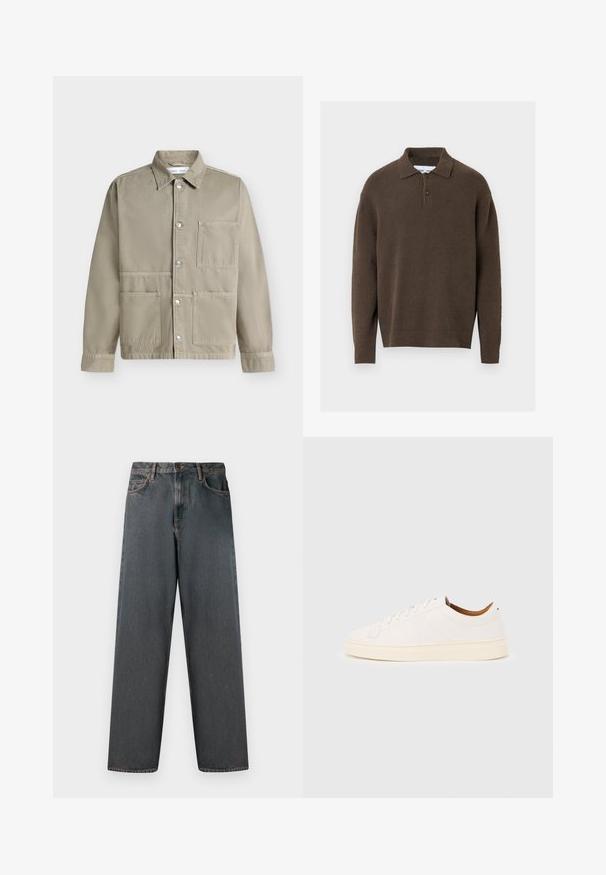 Veste beige boutonnée avec trois poches avant et un col, présentée sur un fond clair uni.; Pull-over tricoté marron avec un col à revers, une patte de boutonnage à deux boutons, et des poignets et un ourlet côtelés. Texture douce, coupe décontractée.; Jean en denim gris foncé avec une coupe droite, cinq poches et une fermeture à bouton et zip. Le tissu présente un léger dégradé et des coutures.; Baskets blanches basses avec un design à lacets, des détails de couture minimalistes, et une semelle couleur crème sur un fond gris clair.
