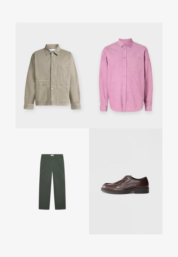 Beige jasje met knopen, drie voorzakken en een kraag, getoond op een effen lichte achtergrond.; Roze ribfluwelen shirt met een button-down kraag, lange mouwen en een enkele borstzak. Heeft verticale ribbels en een knoopsluiting aan de voorkant.; Donkergroene katoenen broek met een rechte pijpdesign, voorzakken en een knoopsluiting bij de taille. Glad oppervlak, geen patronen.; Bruine leren nette schoen met een ronde neus, minimale stiksels en een stevige zwarte zool. Voorzien van vetersluiting en een gladde textuur.