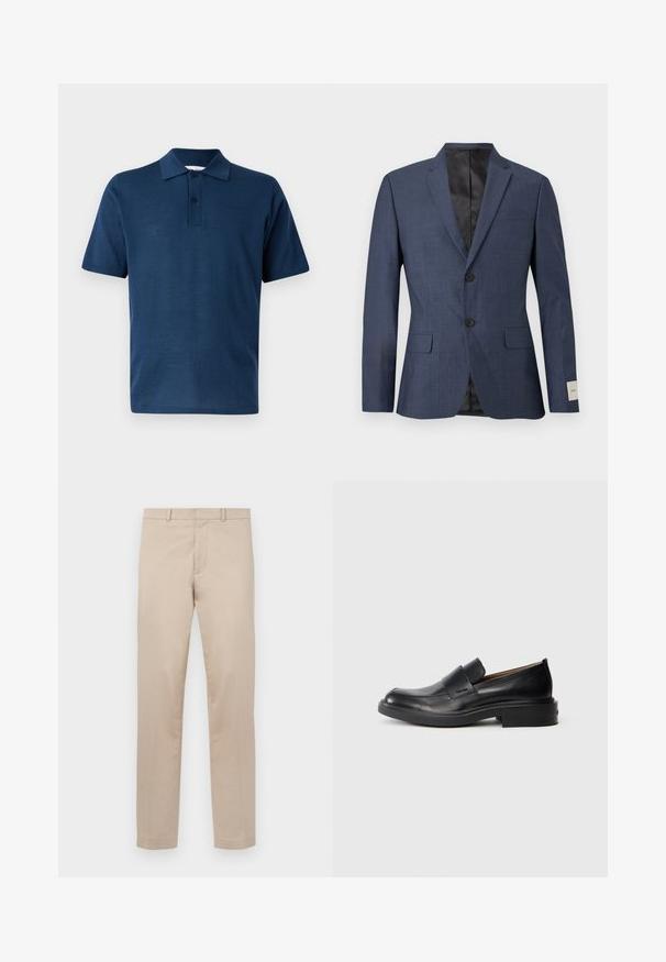 Blazer bleu marine pour homme avec deux boutons, revers crantés, poches à rabat à l'avant et doublure intérieure noire, présenté sur un fond blanc.; Polo bleu marine à manches courtes avec patte à deux boutons et col classique sur un fond gris clair.; Pantalon beige à jambes droites avec passants de ceinture, fermeture éclair à l'avant et bouton, présenté à plat sur un fond clair.; Chaussure habillée noire en cuir, à enfiler, avec un petit talon et un logo Calvin Klein discret sur le côté, présentée de profil sur un fond blanc.