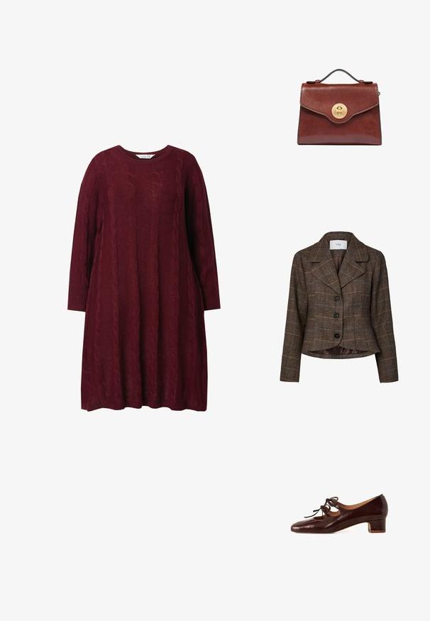 Blazer marrón de cuadros para mujer con tres botones negros, solapas anchas y mangas largas, hecho de tela con patrón espiga.; Vestido de punto burdeos con cuello redondo, mangas largas y patrón de trenzado. Corte holgado, con puños y dobladillo de canalé.; Zapato de charol marrón con puntera redondeada, tacón bajo y cuadrado, y lazos decorativos en la parte superior. Presenta detalles recortados en los lados.; Bolso de cuero marrón con asa superior y cierre giratorio redondo de oro en la solapa frontal, sobre un fondo blanco.