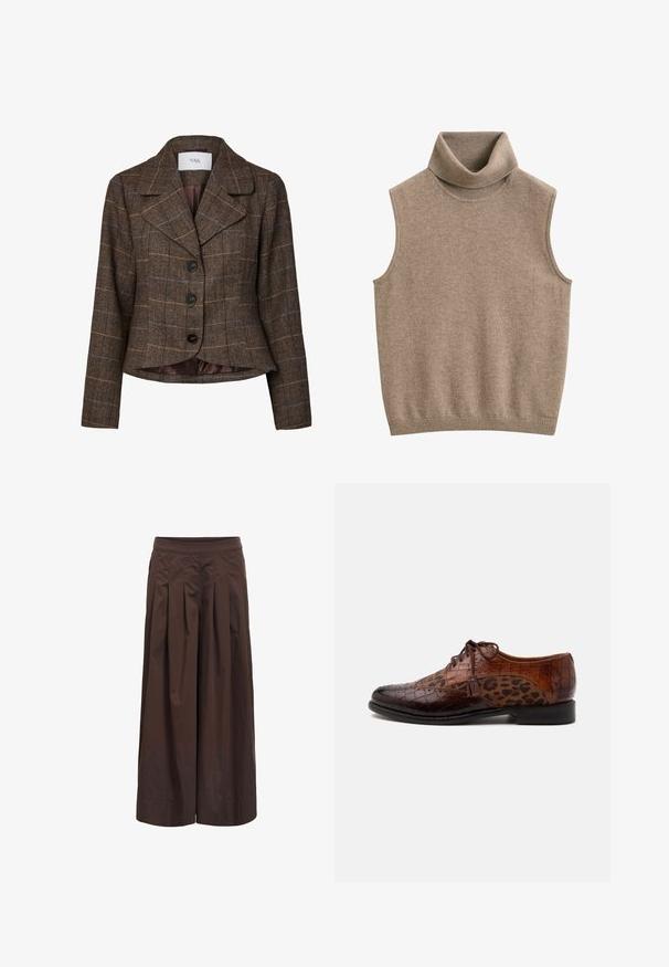 Blazer femme à carreaux marron avec trois boutons noirs, larges revers et manches longues, en tissu à motif chevrons.; Gilet sans manches beige en maille avec col roulé et bord-côtes au niveau du col et de l'ourlet, en tissu doux.; Pantalon marron à jambes larges avec plis devant et taille ajustée, fabriqué en tissu léger, présenté sur fond blanc.; Chaussure habillée en cuir marron avec texture crocodile et panneaux en tissu imprimé léopard, fermeture à lacets et détail pompon sur le côté.