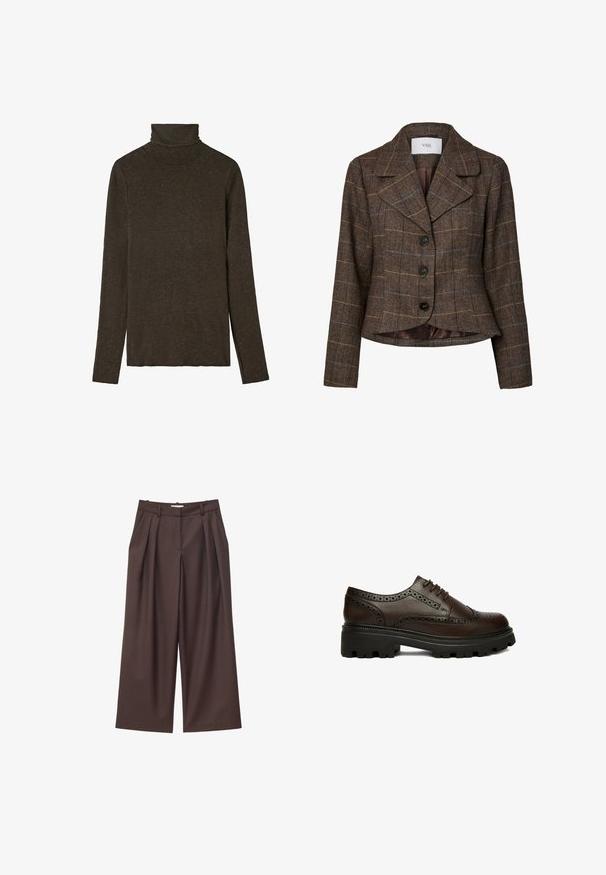 Blazer marrón de cuadros para mujer con tres botones negros, solapas anchas y mangas largas, hecho de tela con patrón espiga.; Top de cuello alto marrón oscuro hecho de una tela suave y texturada. Presenta mangas largas y un diseño ajustado, con un escote liso.; Pantalones marrones de cintura alta y piernas anchas con pliegues delanteros, trabillas para cinturón y cierre frontal oculto.; Zapato brogue de cuero marrón oscuro con detalles perforados y suela gruesa negra con dibujo, visto de lado sobre fondo blanco.