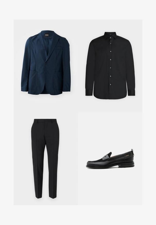 Navyblauer Blazer aus strukturiertem Stoff, mit zwei Fronttaschen, einreihiger Knopfverschluss und Reverskragen. Markenlabel im Kragen sichtbar.; Schwarzes, langärmeliges Hemd mit Knöpfen, spitzem Kragen und weißen Knöpfen, flach auf hellem Hintergrund dargestellt.; Schwarze Hose mit maßgeschneidertem Design, flacher Vorderseite, Faltendetails und schlanker Passform. Aus einem glatten Stoff für einen eleganten Look.; Schwarzer Lederloafer mit grauem Riemendetail, niedrigem Absatz und strukturierter Sohle, seitlich mit „HUGO“ in Gold gebrandmarkt.