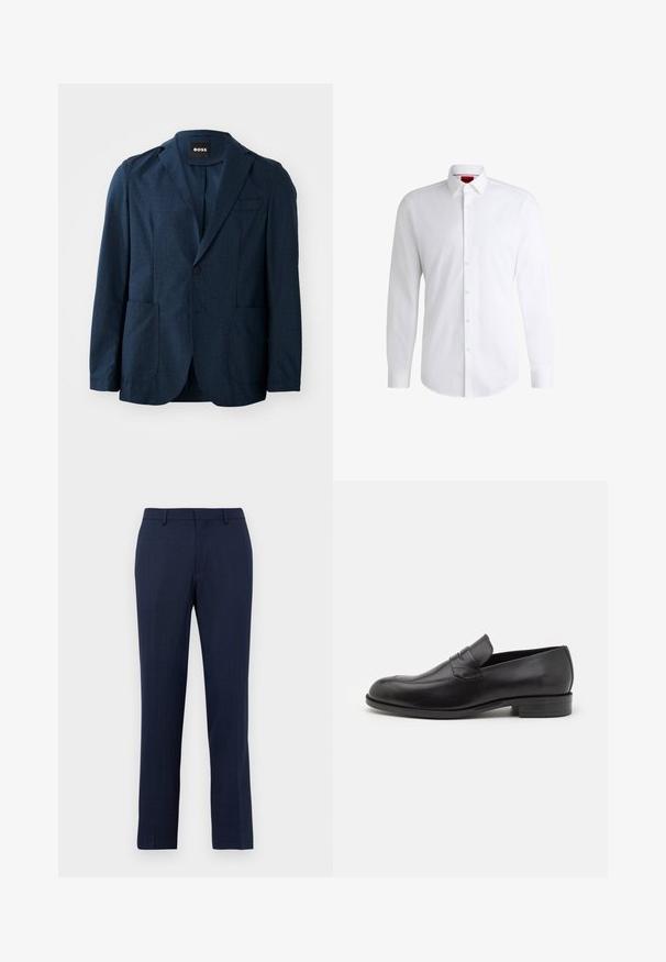 Blazer bleu marine en tissu texturé, avec deux poches avant, fermeture à un bouton et revers en pointe. Étiquette de marque visible à l'intérieur du col.; Chemise blanche à manches longues en tissu lisse avec un col classique et un ourlet arrondi. Présente des boutons beiges à l'avant.; Pantalon tailleur bleu marine avec passants de ceinture, fermeture éclair devant et coupe droite sur fond blanc uni.; Mocassins en cuir noir avec un bout arrondi et de subtils détails de couture. Texture lisse et talon bas avec une marque à l'arrière.