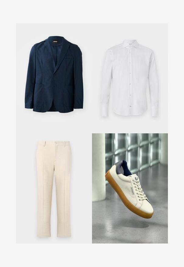Navyblauer Blazer aus strukturiertem Stoff, mit zwei Fronttaschen, einreihiger Knopfverschluss und Reverskragen. Markenlabel im Kragen sichtbar.; Weißes Langarm-Hemd mit Knopfleiste aus glattem Stoff; verfügt über einen klassischen Kragen, eine Knopfleiste und einen abgerundeten Saum.; Beige maßgeschneiderte Hose aus strukturiertem Stoff mit Reißverschluss, zwei Fronttaschen und einem schlanken, geraden Schnitt.; Weißer Ledersneaker mit brauner Sohle und navyblauem Fersendetail, gebrandet mit "Bogner", schwebt über einem reflektierenden grauen Boden.