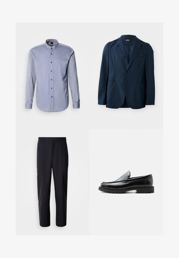 Blazer bleu marine en tissu texturé, avec deux poches avant, fermeture à un bouton et revers en pointe. Étiquette de marque visible à l'intérieur du col.; Chemise boutonnée en tissu bleu clair, dotée d'un col montant, de manches longues et de boutons bleu foncé. Texture douce avec un motif subtil.; Pantalons bleu marine foncé en tissu lisse, présentant une coupe droite, deux poches latérales et une fermeture à bouton à la taille.; Mocassin en cuir noir avec semelle en caoutchouc épaisse, dessus cousu et nom de marque embossé sur le talon, présenté de profil sur fond blanc.