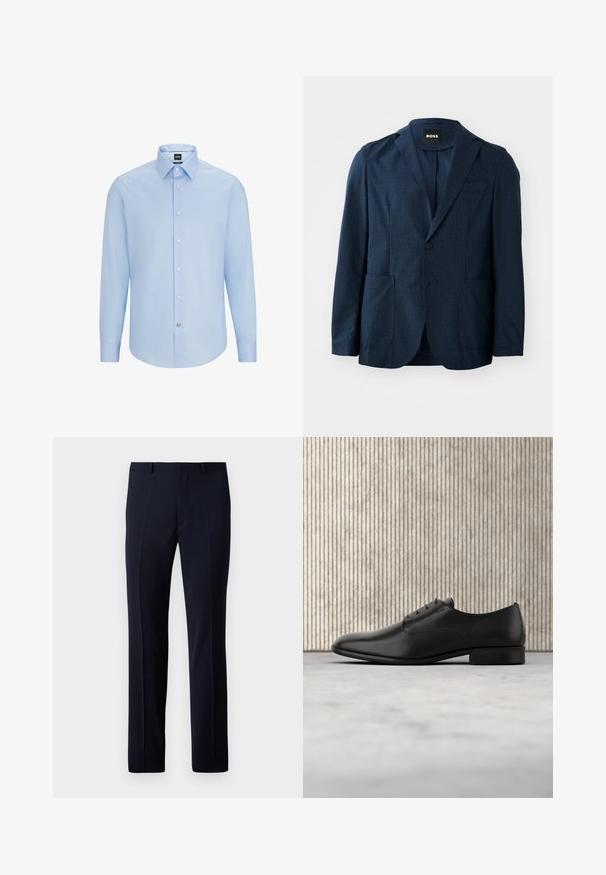 Navyblauer Blazer aus strukturiertem Stoff, mit zwei Fronttaschen, einreihiger Knopfverschluss und Reverskragen. Markenlabel im Kragen sichtbar.; Himmelblaues, langärmliges Hemd mit Knopfleiste und klassischem Kragen, aus glattem Stoff gefertigt. Mit weißen Knöpfen an der Vorderseite und an den Manschetten.; Marineblaue maßgeschneiderte Hose mit geradem Schnitt, ausgestattet mit zwei vorderen Falten und einer glatten Textur. Hergestellt aus leichtem Stoff.; Schwarze Leder-Halbschuh mit schlankem Design, runder Zehenform, fünf Ösen für die Schnürsenkel und einem kleinen, erhöhten Absatz. Dezentes, geprägtes Logodetail.