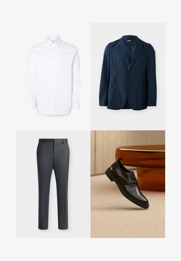 Blazer azul marino con tejido texturizado, dos bolsillos frontales, cierre de un solo botón y solapas con muesca. Etiqueta de la marca visible en el interior del cuello.; Camisa blanca de manga larga con cuello clásico y puños abotonados.; Pantalones formales de color gris oscuro con trabillas para cinturón y líneas de pliegue, exhibidos sobre un fondo claro y liso.; Zapato de vestir negro brillante de cuero con cordones flotando sobre una alfombra beige con una mesa redonda marrón brillante al fondo.