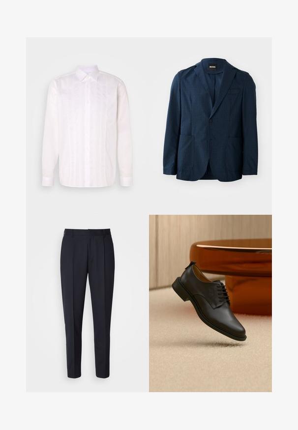 Námořnicky modrý blazer s texturovanou tkaninou, dvěma předními kapsami, jedním knoflíkovým zapínáním a klopovými límci. Značka je viditelná uvnitř límce.; Biela košeľa s dlhým rukávom a klasickým golierom, so vertikálnym riešením v podobe jemných záhybov a zapínaním na gombíky na prednej strane.; BOSS PERIN - Nohavice - navy; Čierna kožená pánska spoločenská topánka na šnurovanie levitujúca nad béžovým koberecom, s hnedým okrúhlym konferenčným stolíkom v pozadí.