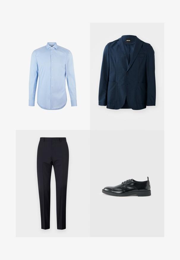 Navyblauer Blazer aus strukturiertem Stoff, mit zwei Fronttaschen, einreihiger Knopfverschluss und Reverskragen. Markenlabel im Kragen sichtbar.; Himmelblaues Langarmhemd aus Baumwolle mit spitzem Kragen, Frontknöpfen und abgerundetem Saum. Glatte Textur ohne Muster.; Marineblaue maßgeschneiderte Hosen, mit flachem Frontschnitt, slim fit, mit Gürtelschlaufen und Seitentaschen. Glattes Material mit einem klaren Finish, ohne sichtbare Muster oder Akzente.; Glänzender schwarzer Lederschuh mit niedrigem Absatz, Schnürverschluss und runder Kappe, seitlich auf hellem, schlichten Hintergrund gezeigt.