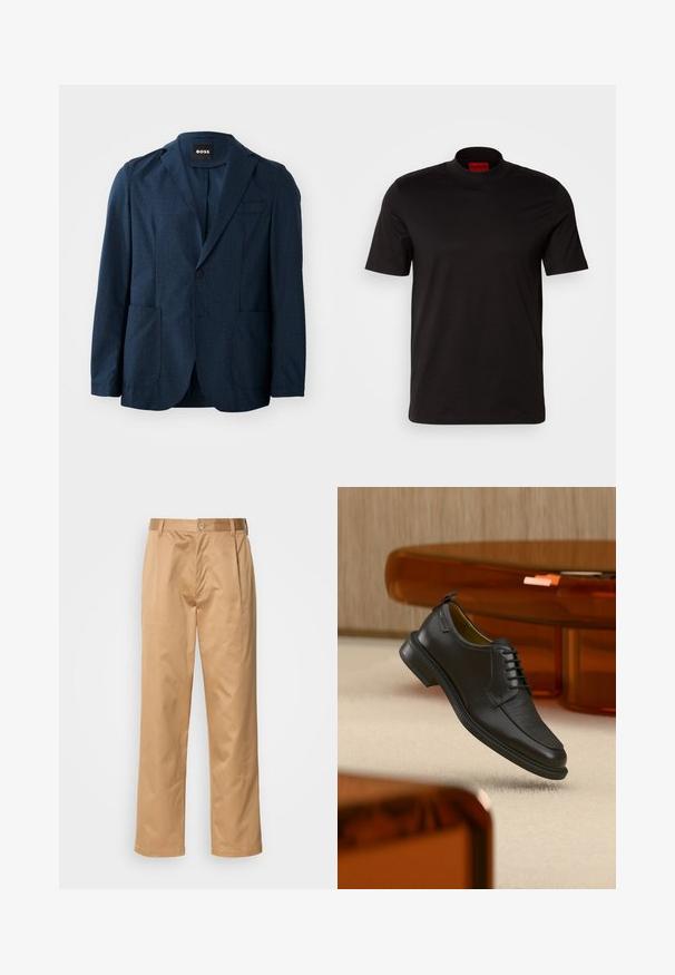 Navyblauer Blazer aus strukturiertem Stoff, mit zwei Fronttaschen, einreihiger Knopfverschluss und Reverskragen. Markenlabel im Kragen sichtbar.; Schwarzes T-Shirt mit kurzen Ärmeln und hohem Kragen. Hergestellt aus glattem Stoff. Verfügt über ein rotes Markenlabel am inneren Kragen.; Khaki-Hosen aus Baumwollmischung, im geraden Schnitt, mit Vorderfalten, Gürtelschlaufen und Knopfverschluss. Glatte Textur ohne Muster.; Schwarzer Leder-Schnürschuh mit texturierter Vorderseite, schwebend über beigem Teppich in einem modernen Raum mit bernsteinfarbenen Möbeln.