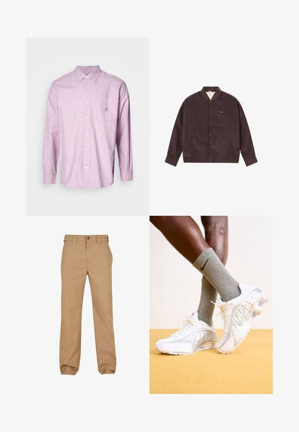 Chaqueta de pana marrón con cuello acanalado, mangas con puños y cierre de botones en el frente. Cuenta con bolsillos laterales y un discreto bordado de la marca.; Camisa de botones de manga larga en rosa claro con rayas verticales blancas, tela de algodón, cuello, bolsillo frontal y detalle de logo en el bolsillo.; Pantalones chinos de algodón en color beige con un diseño de pierna recta, cierre de botón y lazos para cinturón. Textura suave, con pliegues frontales sutiles y bolsillos.; Zapatillas Nike en blanco con detalles plateados, con paneles texturizados y perforaciones. Combinadas con calcetines grises acanalados, sobre un fondo amarillo.