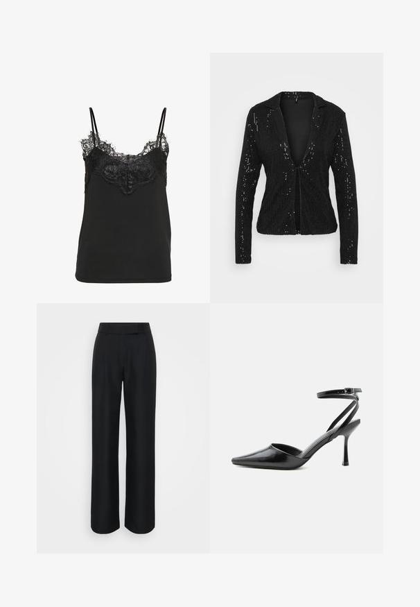 Blazer en sequins noirs avec un col cranté, une ouverture sur le devant et des manches longues. Présente une surface texturée et scintillante avec une coupe ajustée.; Camisole noire à fines bretelles avec des détails en dentelle décorative le long du décolleté et de la partie supérieure de la poitrine.; Pantalons larges noirs réalisés en tissu lisse, avec une taille haute et des plis avant subtils ; sans motifs visibles ni éléments matériels.; Escarpin noir à bout pointu avec fines brides de cheville et fermeture à boucle argentée sur fond clair uni.