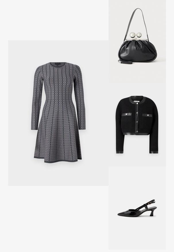 Schwarze, cropped Jacke aus strukturiertem Stoff, mit Lederakzenten und zwei vorderen Taschen. Verfügt über einen Knopfverschluss und einen runden Halsausschnitt.; Langärmliges Kleid in Dunkelgrau mit geometrischem Muster in Hellgrau, runder Halslinie und ausgestellt Rock. Glatte Textur.; Schwarzer Slingback-Pumps aus Lackleder mit spitzer Spitze und verstellbarem goldfarbenem Riemen auf weißem Hintergrund.; Schwarze Ledertasche mit gerafftem Design, einem einzelnen Riemen, silbernem Metallrahmen und zwei großen runden silbernen Verschlüssen.
