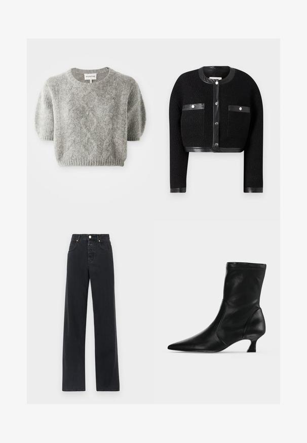 Sort cropped jakke med tekstureret stof, læderdetaljer og to for- lommer. Den har knaplukning og rund halsudskæring.; Grå kortærmet pullover sweater med kabelstrik mønster og ribbet kant. Fremstillet af et blødt, tekstureret materiale. Brandlabel synligt ved halsen.; Sorte denim jeans med høj talje, lige ben, fem-lomme design, synlig syning og metalknaplukning.; Sort læderstøvle til midt på læggen med spids tå og lav kittenhæl, vist fra siden på en ensartet lys baggrund.
