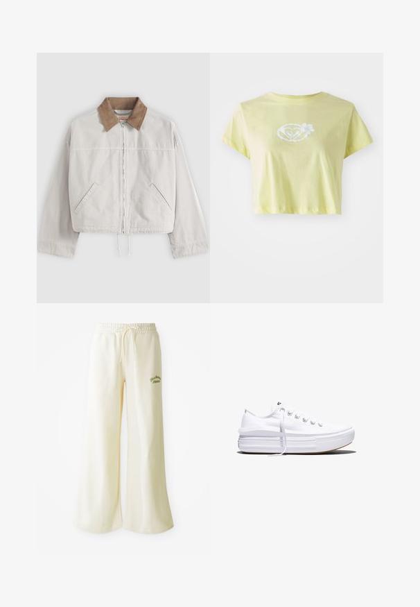 Chaqueta beige claro con cremallera, cuello de pana marrón, mangas largas, bolsillos laterales inclinados y dobladillo con cordón.; Camiseta corta de color amarillo claro hecha de algodón. Presenta un diseño gráfico floral blanco en el centro de una forma de corazón en la parte delantera.; Pantalones de chándal anchos color crema con cintura elástica y cordón ajustable. Texto bordado en verde "Athletic" en la parte frontal. Tejido suave.; Zapatilla blanca de lona de perfil bajo con suela gruesa de plataforma, cierre de cordones en el frente y puntera de goma texturizada, mostrada de perfil.