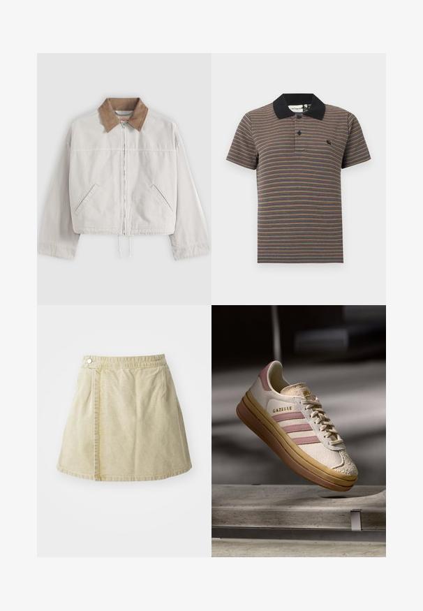 Lichtbeige jas met ritssluiting, bruine ribfluwelen kraag, lange mouwen, schuine zijzakken en tunnelkoord onderaan.; Polo met korte mouwen, voorzien van dunne horizontale multicolor strepen en een effen zwarte kraag met een knoopsluiting met twee knopen.; Khaki mini rok van zacht stof, met een zijsluiting met knopen, een gladde textuur en een licht uitlopende silhouet met een zoomlijn boven de knie.; Witte suède sneakers met roze accenten, voorzien van drie strepen en een gouden logo. Textuur in de neuskap en een bruine rubberen zool. Klassiek ontwerp.