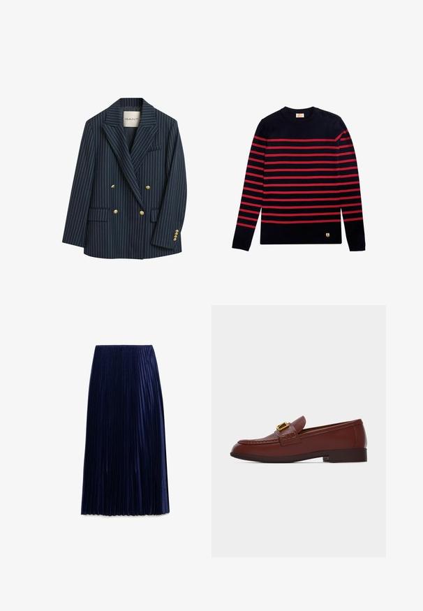 Marineblå stribet dobbeltbrystet blazer med guldknapper, klaplapper og to forlommer. Stoffet fremstår glat med en skræddersyet pasform.; Marine-stribet sweater med røde vandrette striber, lange ærmer og skulderknapdetalje. Har et lille ankeremblem i kanten.; Mørkeblå plisseret midi-nederdel lavet af letvægtsstof med en glat overflade, der har jævnt fordelt lodrette folder og en elastisk talje.; Brun læderloafer med guldbeslag, lav hæl og syet mokasitnæse design på hvid baggrund.