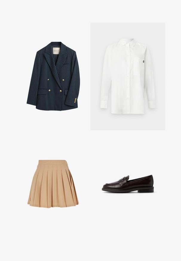 Marine gestreepte dubbelzijdige blazer met gouden knopen, notch-lapels en twee zakken aan de voorkant. De stof lijkt soepel met een getailleerde snit.; Witte langemouwenshirt gemaakt van een katoenmix, met een button-down kraag, een borstzak en een klein zwart logo op de borst.; Beige geplooide minirok met hoge tailleband en subtiele geborduurde logo aan de rechterzijde van de tailleband.; Bruine leren instapper met een gladde afwerking, voorzien van een gestikte, verhoogde band aan de voorkant en een lage hak. Eenvoudig ontwerp, klassieke vorm.